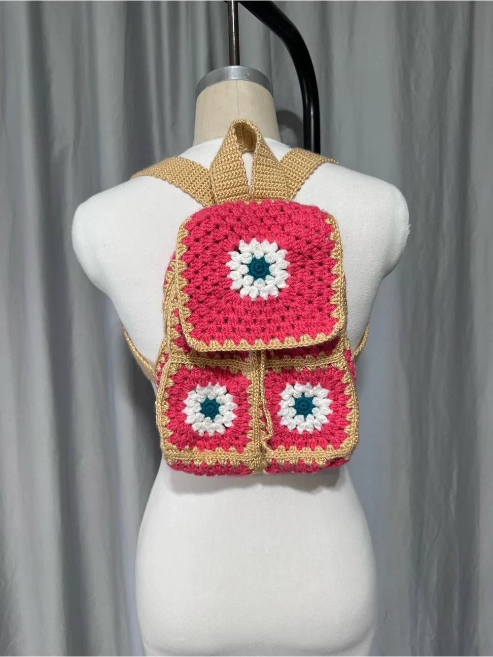 Handmade Pink Crochet Mini Backpack with Gold Trim